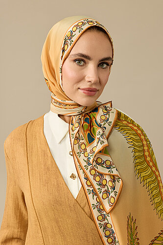 Hurma Ağacı Sarı Krep İpek Kimono Şalı 70x210 - 5