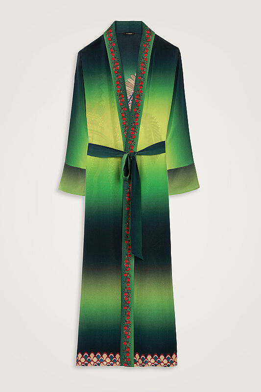 Hurma Ağacı Yeşil Krep İpek Uzun Kimono - 2