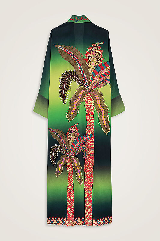 Hurma Ağacı Yeşil Krep İpek Uzun Kimono - 4