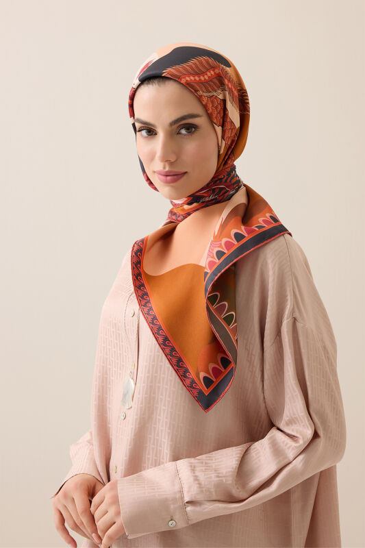 Hurma Ağacı Bej-Turuncu Çift Taraflı Tivil İpek Eşarp 94x94 - 5