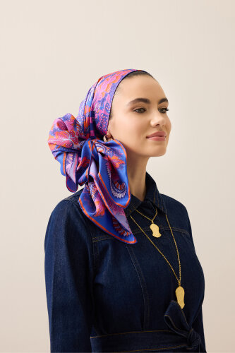 Hurma Dalı Mor-Lila Çift Taraflı Tivil İpek Eşarp 94x94 - 5