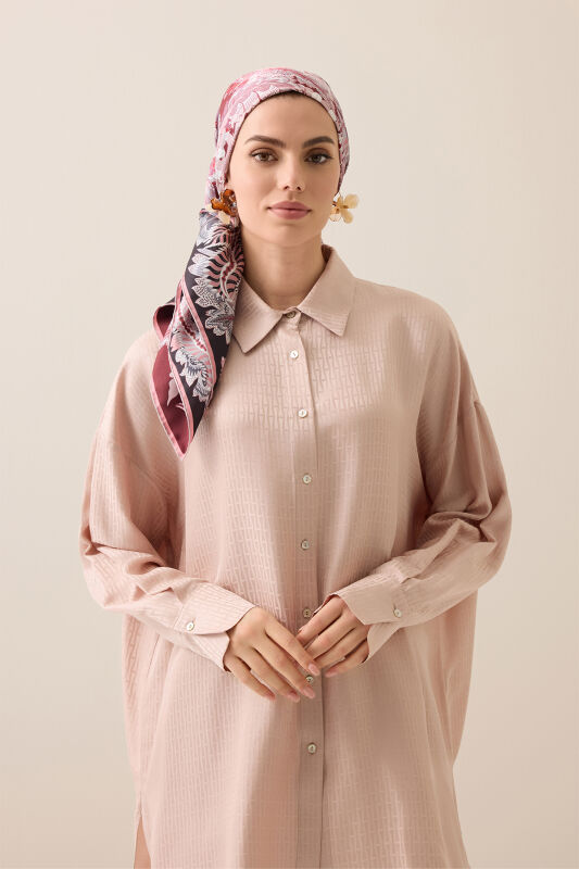 Hurma Dalı Pudra-Bordo Çift Taraflı Tivil İpek Eşarp 94x94 - 5