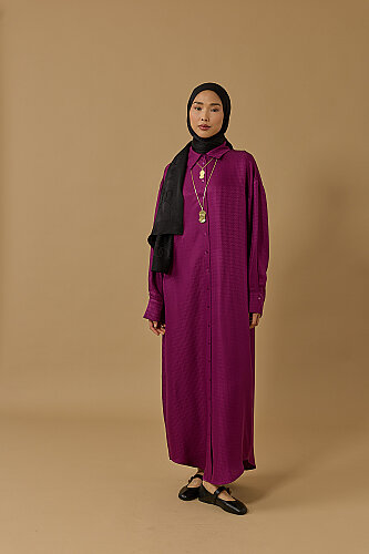 Iman Dark Plum Jacquard Silk Shirt Dress - 8