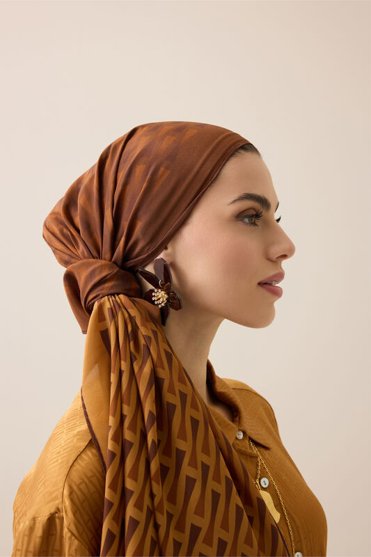  İman I Degrade Safran-Kahve İpek Şal 70x210 - 1