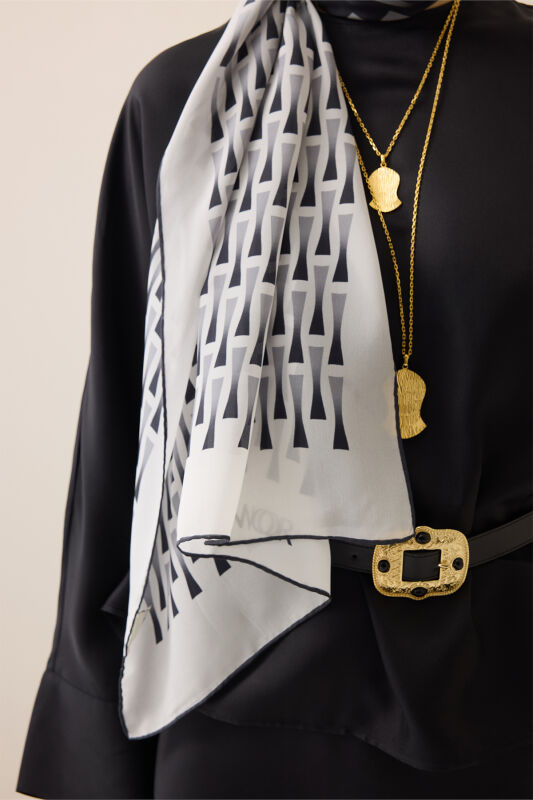  İman I Degrade Siyah-Beyaz İpek Şal 70x210 - 5