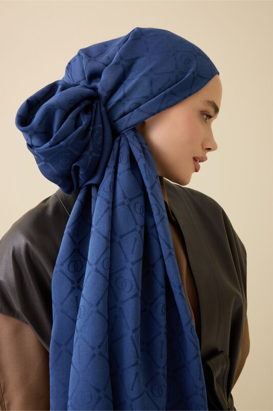 İman I Kafes Lacivert Tencel Pamuk İpek Şal 70x200 - 1