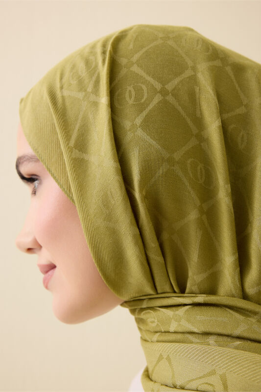 İman I Kafes Zeytin Yeşili Tencel Pamuk İpek Şal 70x200 - 3
