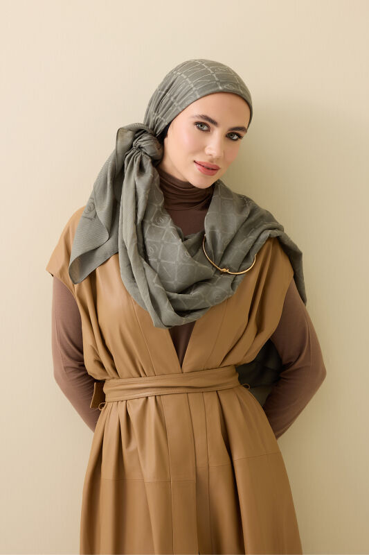 Iman I Lattice Khaki Tencel Cotton Silk Shawl - 3