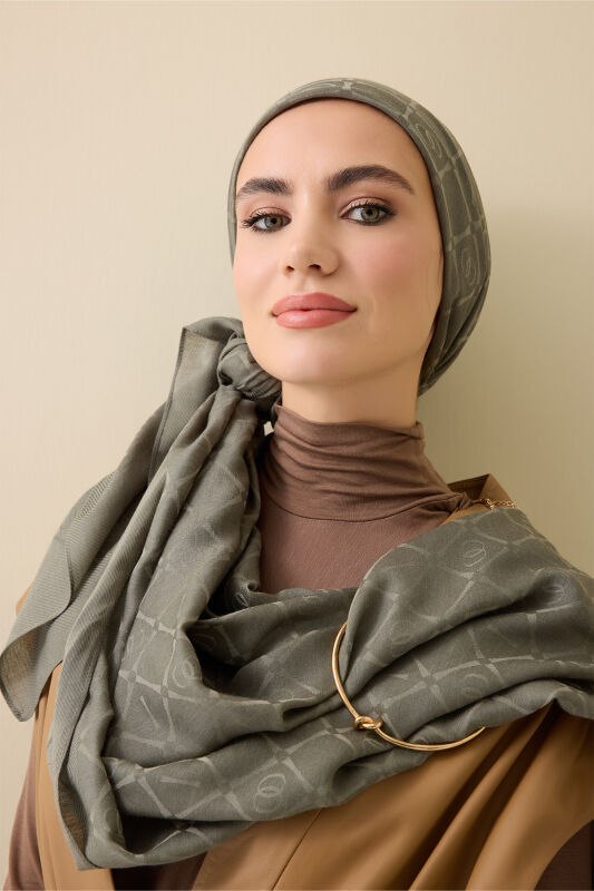 Iman I Lattice Khaki Tencel Cotton Silk Shawl - 1