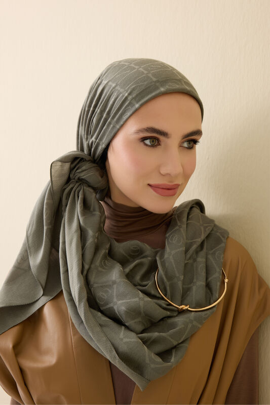 Iman I Lattice Khaki Tencel Cotton Silk Shawl - 5