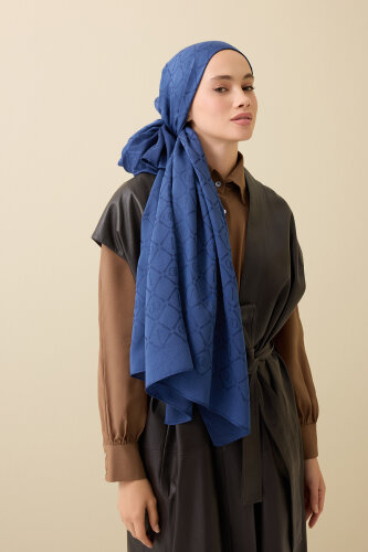 Iman I Lattice Navy Blue Tencel Cotton Silk Shawl - 5
