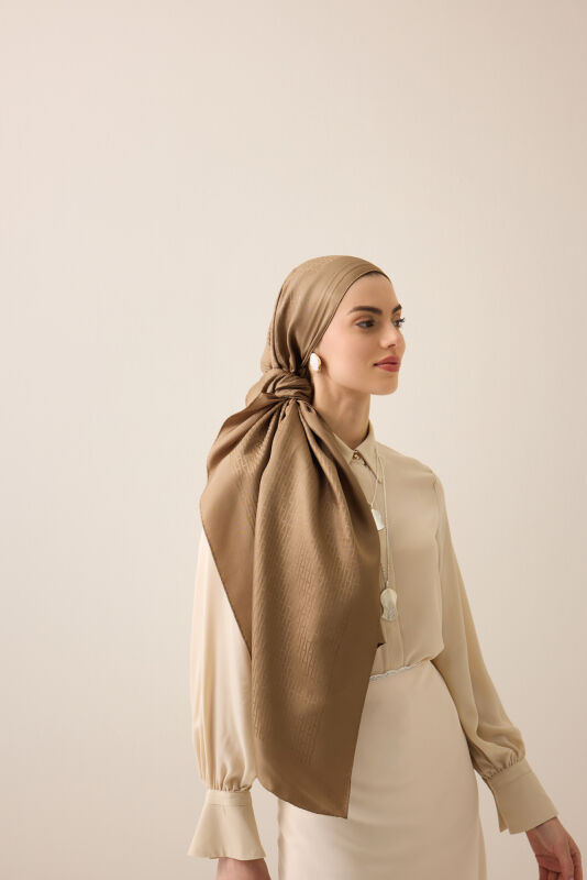 Iman I Light Brown Jacquard Silk Shirt Shawl - 1