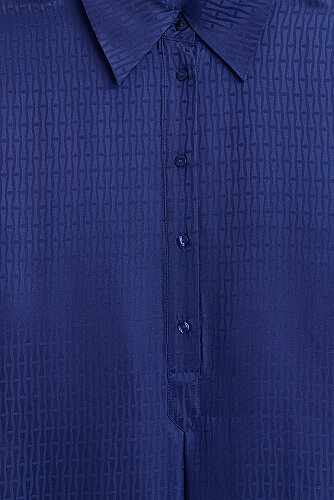 Iman I Night Blue Pleated Buttoned Jacquard Silk Dress - 2