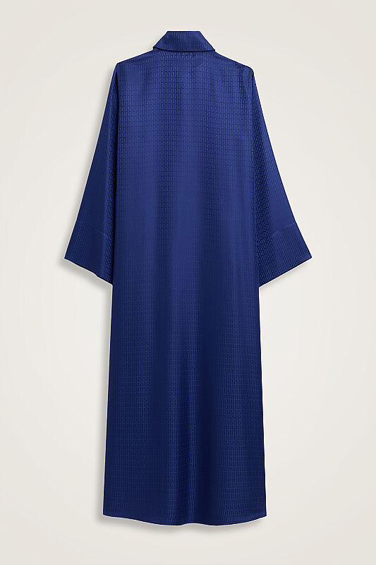 Iman I Night Blue Pleated Buttoned Jacquard Silk Dress - 3