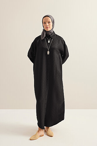 Iman Kare Black Jacquard Silk Shirt Dress 