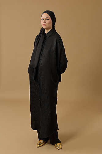 Iman Kare Black Jacquard Silk Shirt Dress 