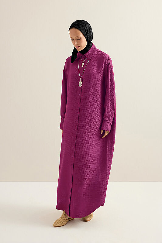 Iman Kare Dark Plum Jacquard Silk Shirt Dress - 1