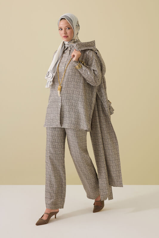 İman Kare Dokulu Bej İpek Gömlek - 5