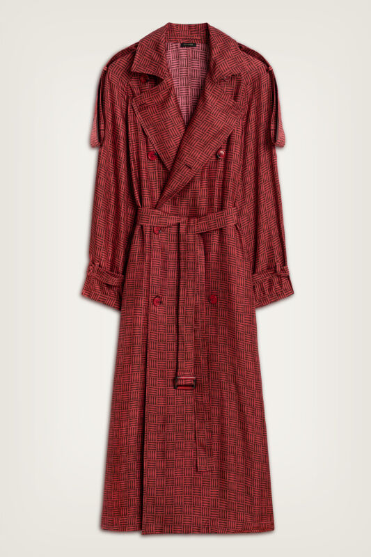  İman Kare Dokulu Bordo İpek Trençkot - 2