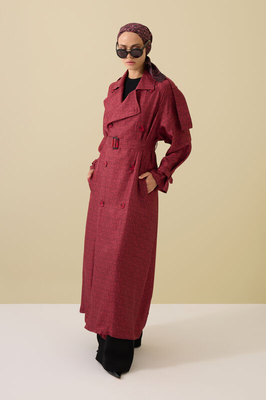 İman Kare Dokulu Bordo İpek Trençkot - 3