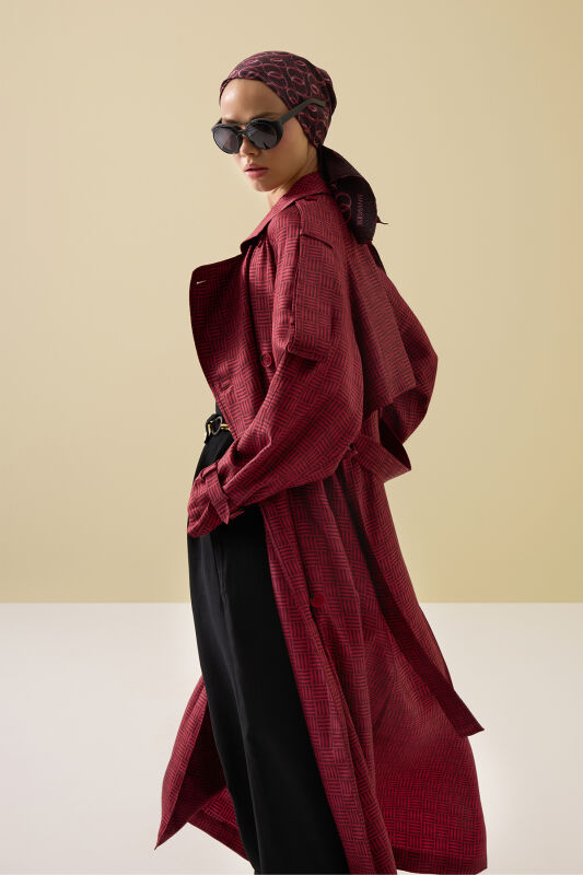  İman Kare Dokulu Bordo İpek Trençkot - 1