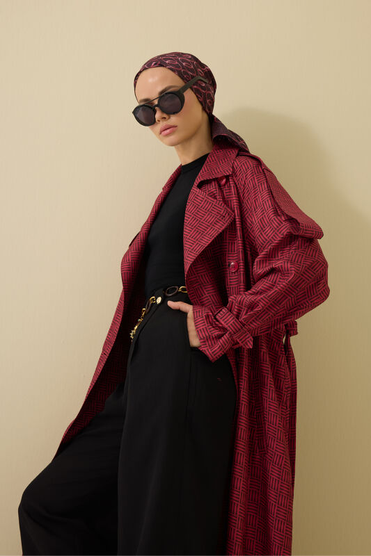  İman Kare Dokulu Bordo İpek Trençkot - 8