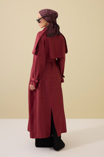  İman Kare Dokulu Bordo İpek Trençkot - 5