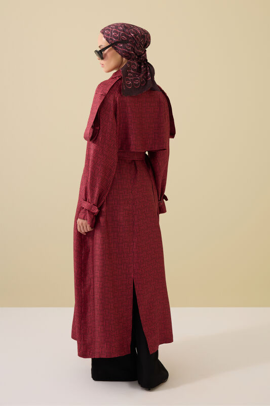  İman Kare Dokulu Bordo İpek Trençkot - 5