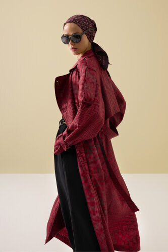  İman Kare Dokulu Bordo İpek Trençkot - Imannoor (1)