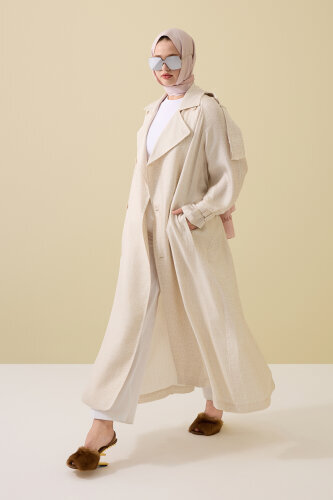  İman Kare Dokulu Ekru İpek Trençkot - Imannoor (1)