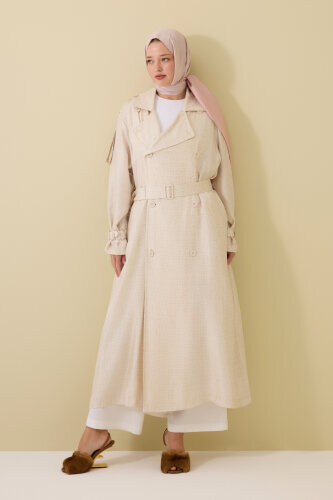  İman Kare Dokulu Ekru İpek Trençkot - Imannoor (3)