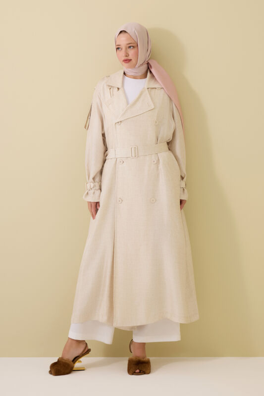 İman Kare Dokulu Ekru İpek Trençkot - 3