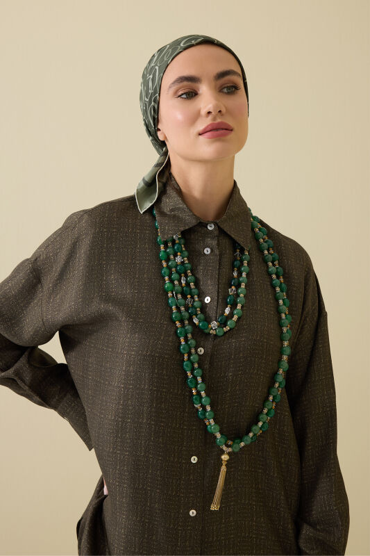 İman Kare Dokulu Haki İpek Gömlek - 1