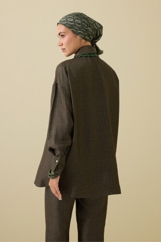 İman Kare Dokulu Haki İpek Gömlek - 7
