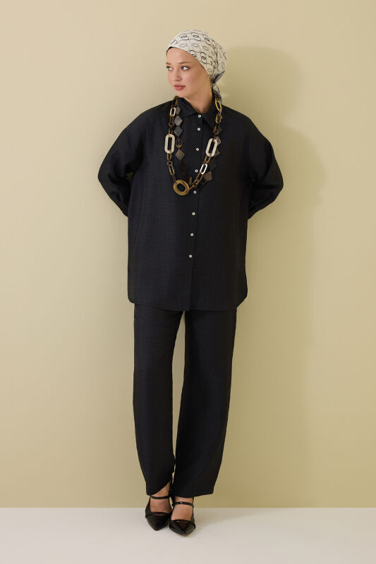 İman Kare Dokulu Siyah İpek Gömlek - 3