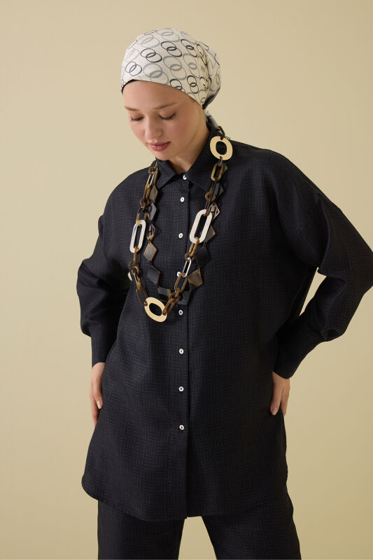 İman Kare Dokulu Siyah İpek Gömlek - 1