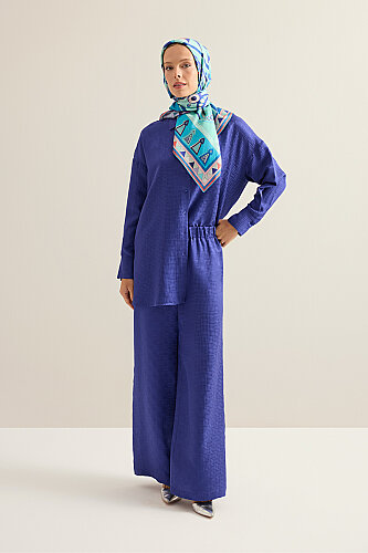  İman Kare Gece Mavisi Jakarlı İpek Pantolon - Imannoor (1)