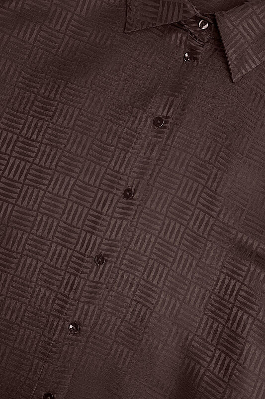  İman Kare Kahverengi Jakarlı İpek Gömlek Elbise - 6