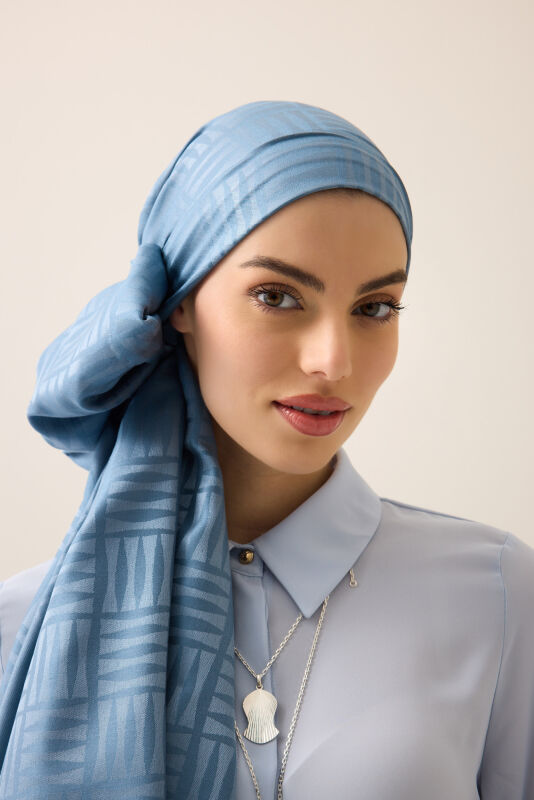 İman Kare Koyu Mavi İpek Şal 70x200 - 5