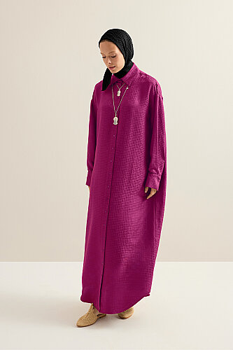  İman Kare Koyu Mürdüm Jakarlı İpek Gömlek Elbise - Imannoor (1)