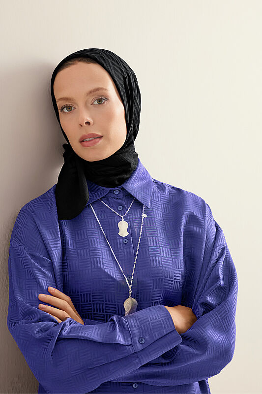 Iman Kare Navy Blue Jacquard Silk Shirt Dress - 3