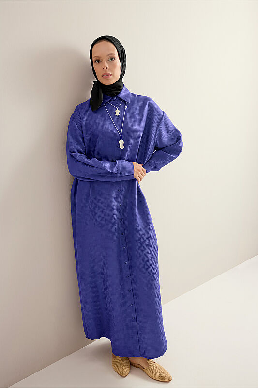 Iman Kare Navy Blue Jacquard Silk Shirt Dress - 1