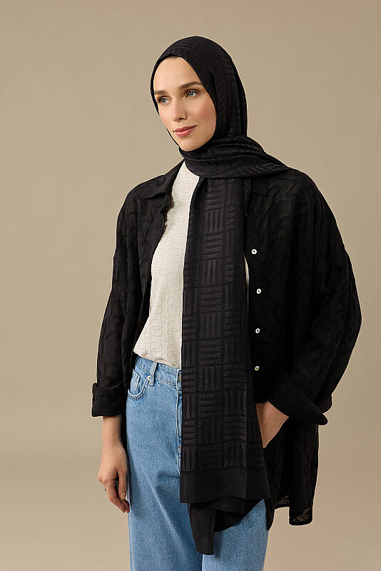 İman Kare Siyah Naia Pamuk Şal 70x210 - 6