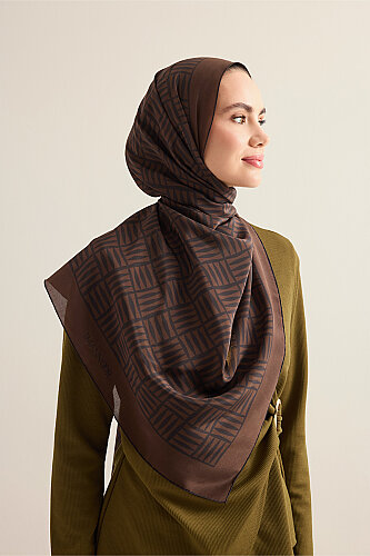 Iman Square Brown Crepe Silk Shirt Scarf - 1