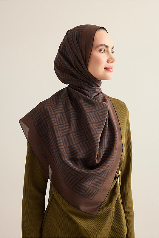 Iman Square Brown Crepe Silk Shirt Scarf - 1
