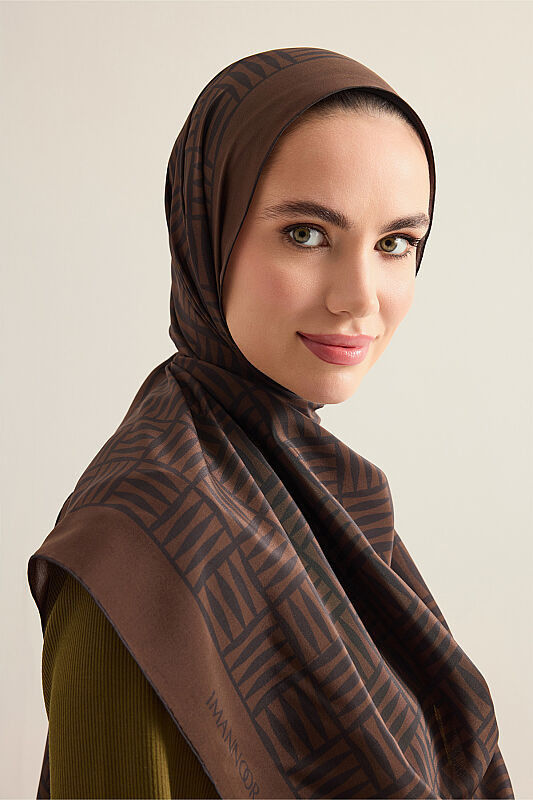 Iman Square Brown Crepe Silk Shirt Scarf - 3