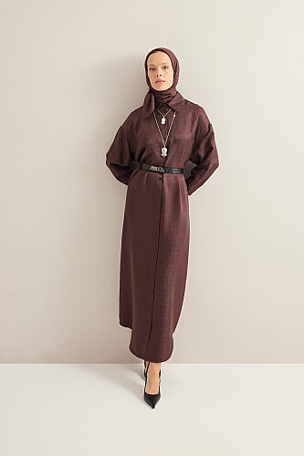 Iman Square Brown Jacquard Silk Shirt Dress - Imannoor