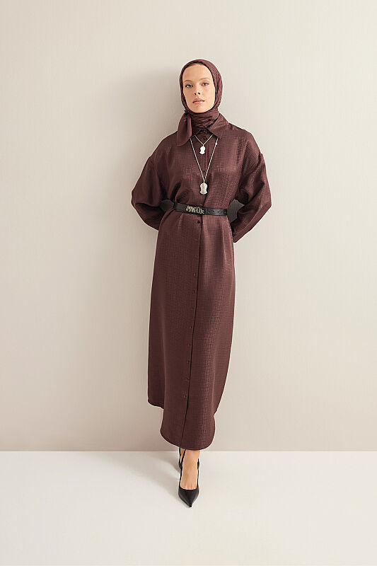 Iman Square Brown Jacquard Silk Shirt Dress - 1