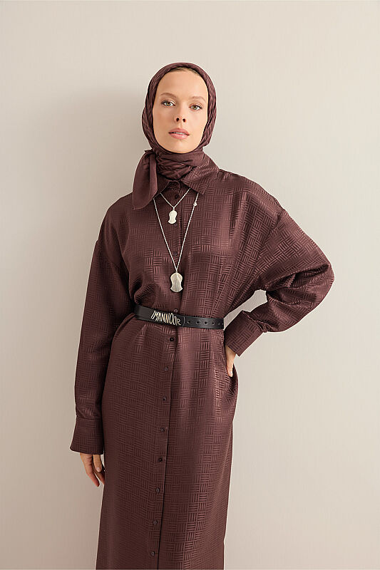 Iman Square Brown Jacquard Silk Shirt Dress - 7