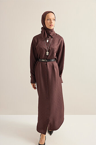 Iman Square Brown Jacquard Silk Shirt Dress - 5
